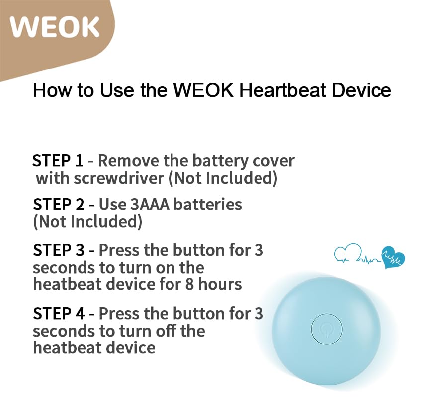 How to use the WEOK heartbeat module — battery cover, 3-second press, 8-hour cycle